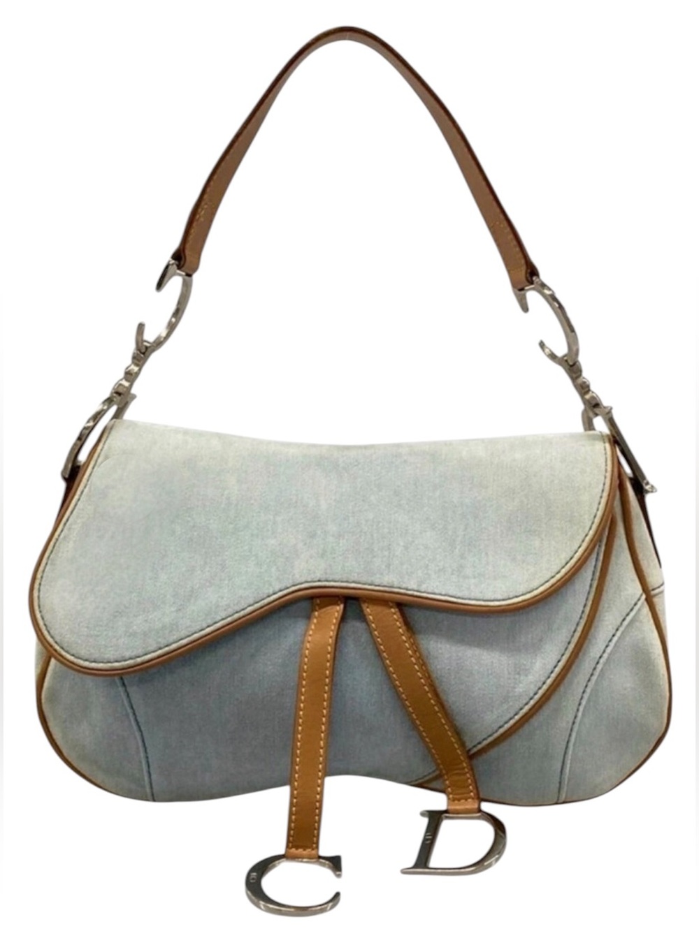 Auth DIOR Light Blue fabric double Saddle Bag Tan leather Trim vintage Silver - Picture 6 of 14